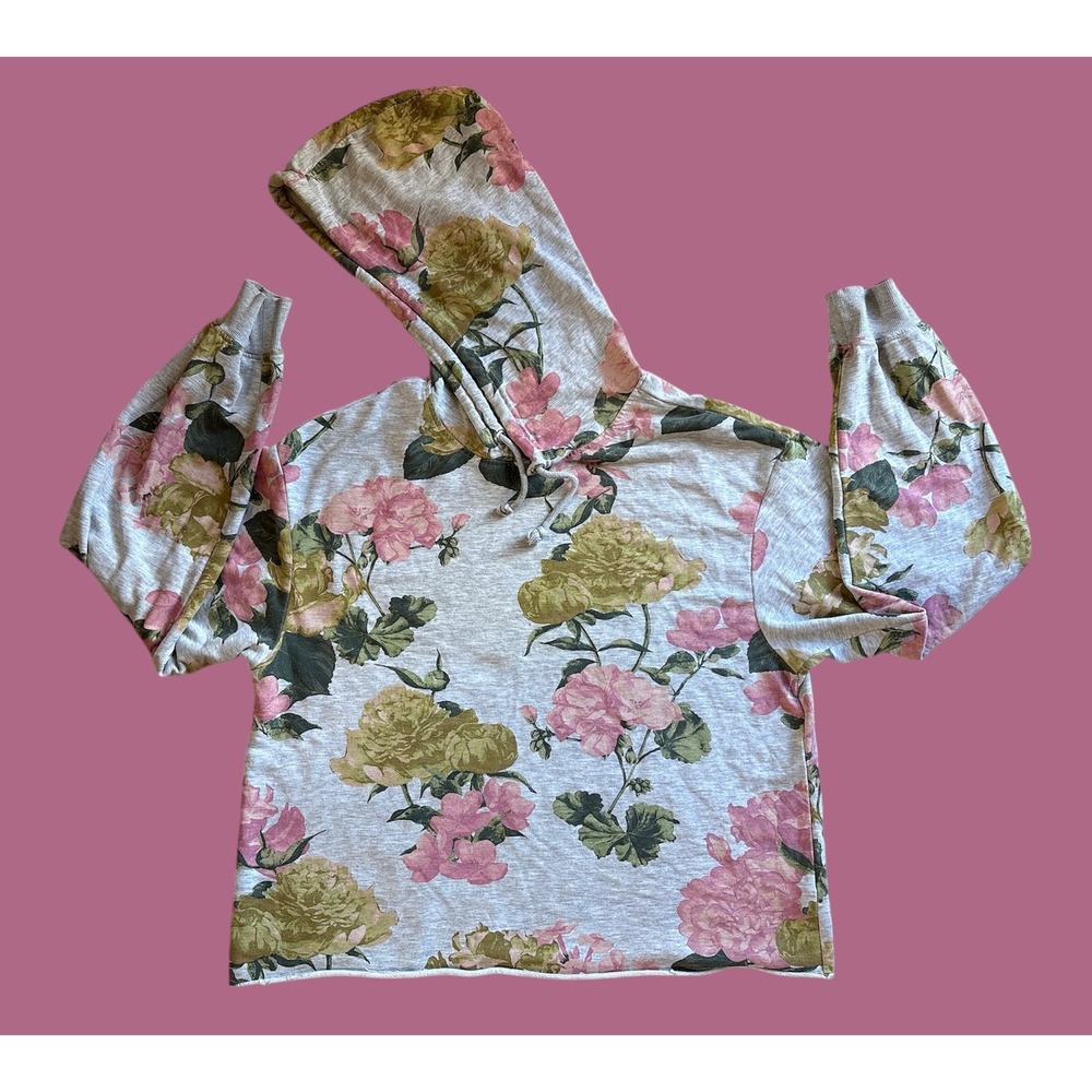 H&M Floral Print Hoodie Gray Pink‎ Green Long Sleeve Drawstring Size L